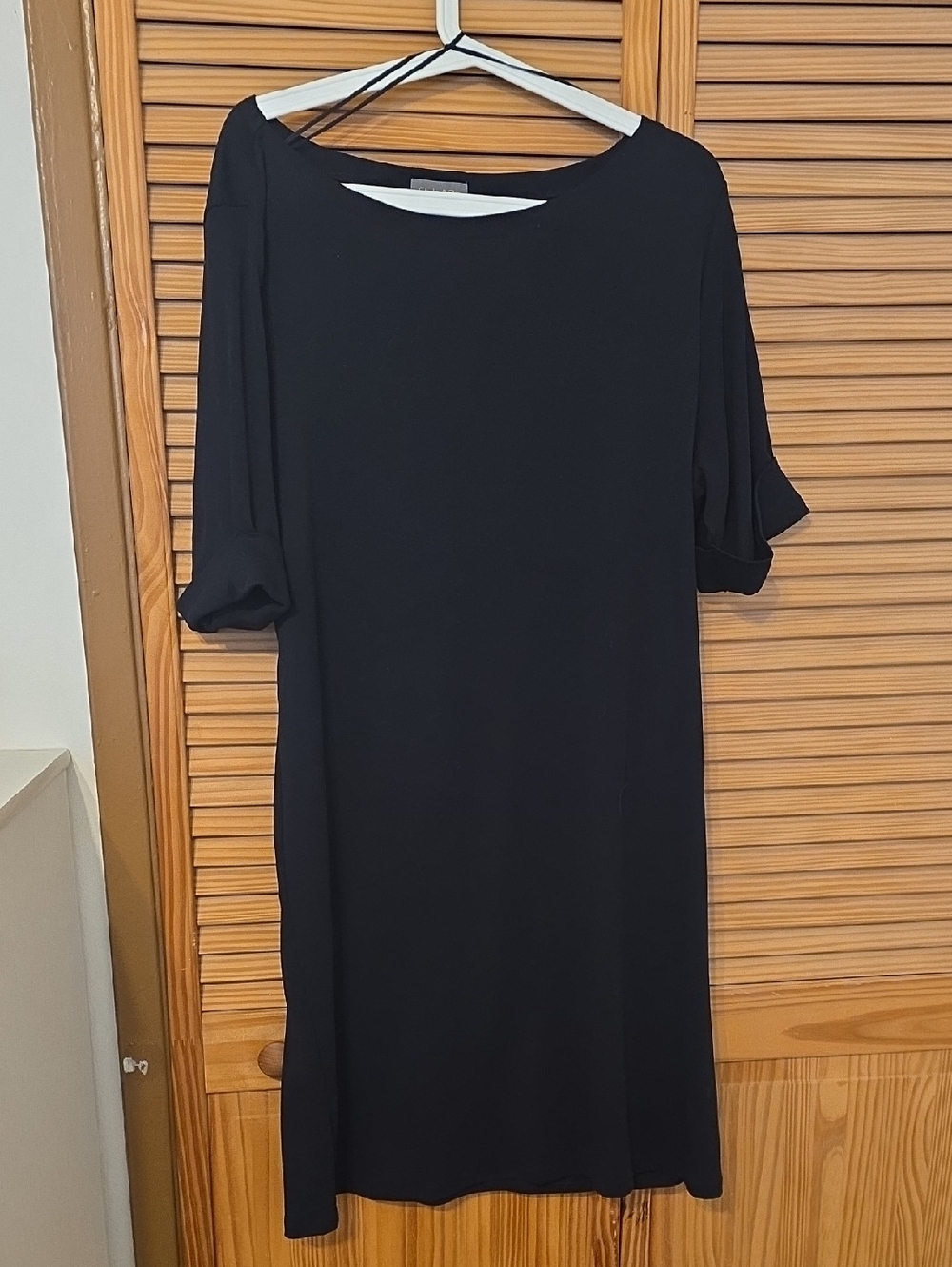 Black Shift Dress with Rolled Short Sleeves - Women